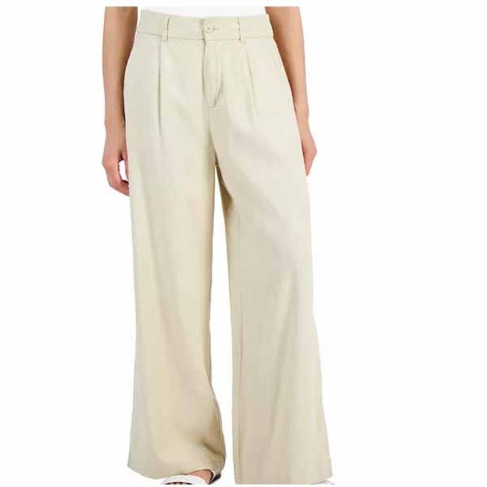 Rewash High-Rise Linen Wide-Leg Pleat-Front Trouser Pants Sand Juniors 13 NWT
